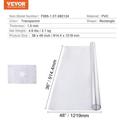 VEVOR Plastic Table Cover, 36 x 48 Inch 1.5 mm Thick Clear Rectangle PVC Desk Mat Protector, Waterproof & Easy Cleaning Desk Pad Tablecloth, for Office, Dresser, Dining Room, Night Stand - size: 48" x 36" (Rectangular)