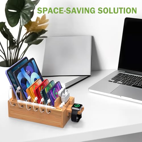 Pezin & Hulin Bamboo Charging Station for Multiple Devices with 5 Port USB Charger, 5 Cables and Watch Stand. Wood Desktop Docking Stations Organizer for Cell Phone, Tablet, Watch, Office Accessories