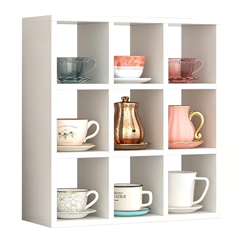 Helsin 9 Grid Vintage Coffee Mug Display Rack, 16inch Wall Mounted Wooden Curio Shadow Box Shelf, Cup Floating Shelves Display and Organizer (White) - color: White
