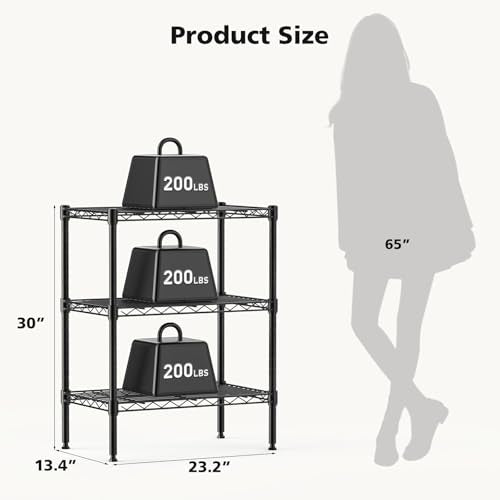 DUMOS 3-Tier Metal Wire Storage Shelves, Adjustable Standing Storage Rack Shelf, Heavy Duty Steel Shelving Unit Organizers for Kitchen Bathroom Pantry Garage, 23.3" Wx13.4 Dx30 H, Black - size: 3 Tier-30"H without wheels