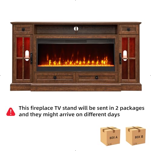 RedLemon Farmhouse Fireplace TV Stand for 80 Inch TV, 36" Tall Entertainment Center with 42" Crystal Eletric Fireplace, Modern Media Console Table with LED Lights for Living Room, Reclaimed Barnwood - color: Reclaimed Barnwood