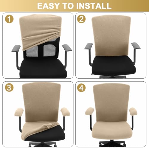 Tallew 4 Pcs Office Chair Covers Set Computer Universal Stretchable Protective Chair Seat Covers Desk Armrest Slipcovers Pads Office Cushion Backrest for Rotating(Khaki) - color: Khaki