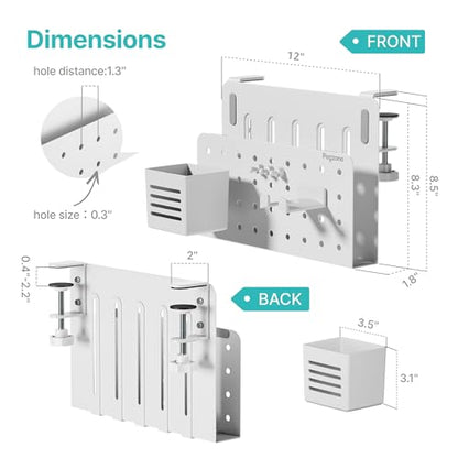 Under Desk Storage Organizer, Laptop Holder Stand with Pegboard Design, Holds 22lbs, Clamp on Desk Organizer, Fits 0.4"-2.2" Desktop Edge, White - color: White