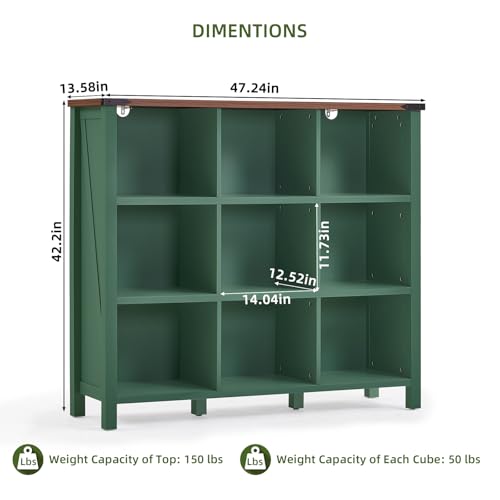 Joaxswe 9 Cube Storage Organizer, Farmhouse 47 Inch Wide Vintage Green Bookshelf, Wooden 3 Tier Display Large Open Book Shelf, Rustic Bookcase for Home Office, Cubby Storage Cabinet for Living Room - color: Green, size: 9 Cube (13.6 "D x 47.24 "W x 42.2"H