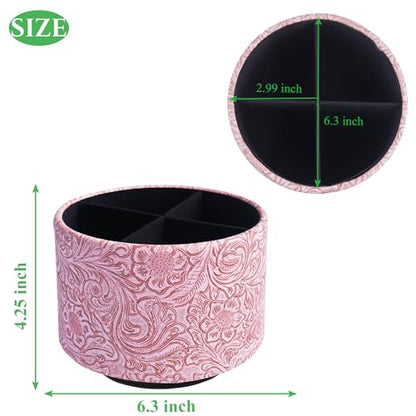 lizimandu Round Leather Art Supply Organizer,Remote Control Holder,360 Degree Spinning,Multi-Functional Pencil Holder,4 Compartments Desktop Stationary Organizer(1-Carved Pink) - color: 1-Carved Pink
