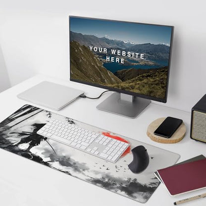Extra Large Gaming Mouse Pad, Samurai and Bamboo Forest Japanese Style, Non-Slip Rubber Base, Stitched Edges, 35.4 x 15.7 Inches - color: Samurai & Red Sun