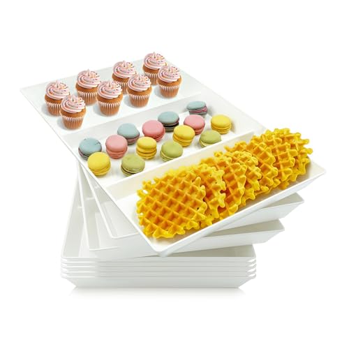 Divided Serving Tray Platter, 8 Pack 15" x 10" Fruit Veggie Food Tray for Party, Plastic Serving Trays for Appetizer, Snack, Dessert, Cookie, Brunch Decorations Platters, White Trays BPA-Free - color: 3 Divided (Large), size: 15" x 10" (8 Pack)