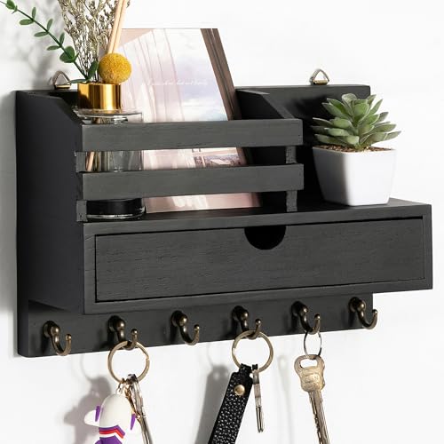 dreampossible Key and Mail Holder for Wall, Mail Organizer Wall Mount with 6 Hooks and Storage Drawer, Wooden Key Rack Hanger with Shelf for Entryway and Home Decor - color: Black, size: Standard(11.6''x7.9'')