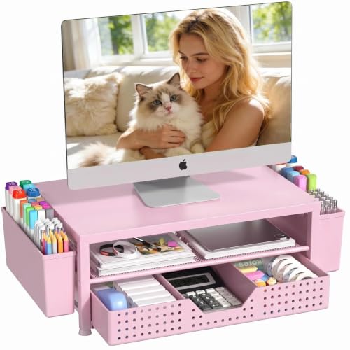 OPNICE Desk Organizers and Accessories, 2-Tier Computer Monitor Stand Riser with Drawer and 2 Pen Holders, Laptop Stand, Office Desk Accessories for Office Supplies, Pink - color: Pink, size: With Drawer and 2 Pen Holders