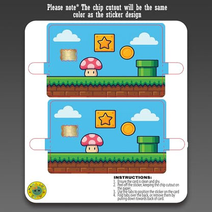 Retro Platformer World – Credit Card Skin Sticker Cover Decal Wrap 2-Pack – Cute Mushroom, Coin & Star Block Design