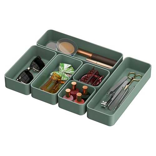 CHANCETSUI 6 PCS Stackable Drawer Organizers Set, Versatile Desk and Vanity Drawer Organizer Trays, Storage Bins for Makeup, Bathroom, Bedroom, Kitchen and Office, Green