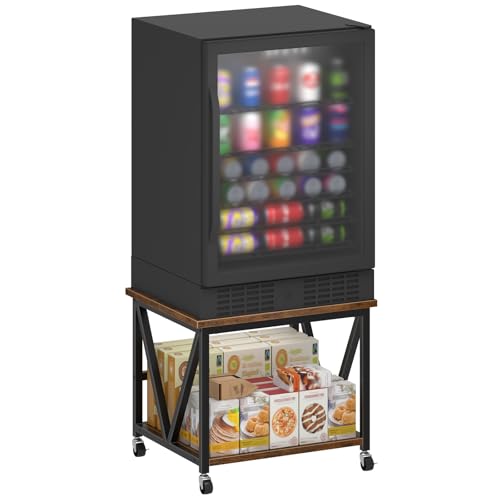HOOBRO Mini Fridge Stand with 2-Tier Storage Shelf, 19.7” Square End Table, Mini Fridge Table with Wheels and Adjustable Feet, Sturdy Metal Frame for Living Room, Bedroom, Rustic Brown BF01BX01