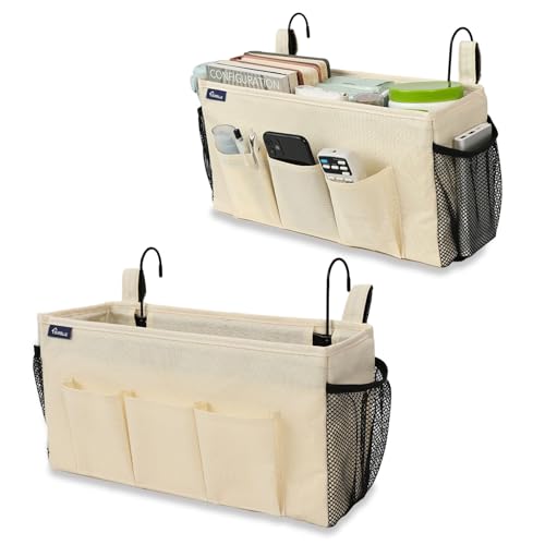 Surblue Bedside Organizer with Hook Bedside Caddy Hanging Storage Bag with Adjustable Strap and Water Bottle Holder for Home College Dorm Bunk Bed Accessories, Crib Bed Rail, Hospital Bed, Beige, 2PCS - color: 2Pcs Beige