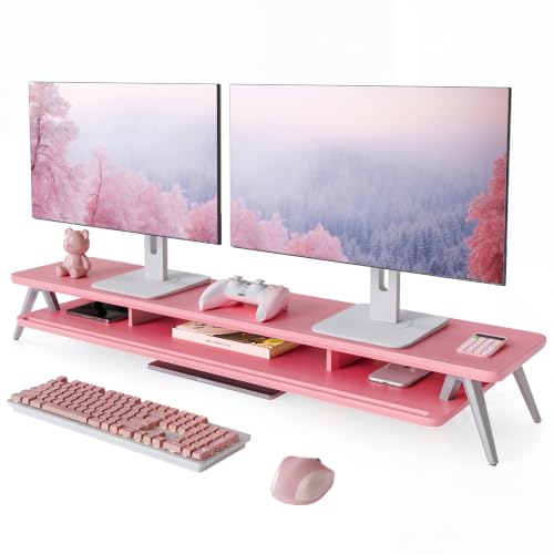 Fenge Dual Monitor Stand, Monitor Stands Riser for 2 Monitors, 42.5 Inch Wood Desk Shelf with Storage Organizer and Cable Management for Office Desk Accessories - color: Pink, size: 42.5 Inch