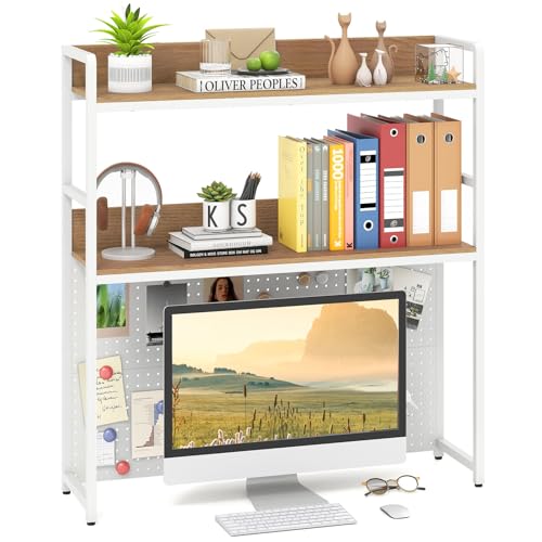 Giantex Desktop Bookshelf, 2-Tier Desk Hutch Dorm with Pegboard for up to 32" Computer Monitor, Industrial Countertop Storage Organizer Rack, Desk Shelf for Home Office (Natural) - color: Natural