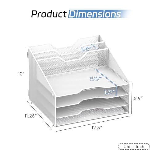 Desk File Organizer, 4 Letter Trays and 2 Upright Sections, White | Paper organizer for desk with tiered letter trays and upright file sections for home office, school and workspace use - color: White