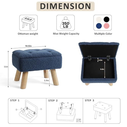 OGEMXU Storage Ottoman, Small Foot Stool Ottoman with Storage, Boucle Teddy Velvet Foot Rest with Padded Seat, Sturdy Wood Legs Stool for Living Room, Bedroom, Couch, Enterway (Dark Blue) - color: Dark Blue