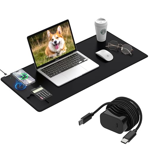 Mouse Pad 31.5x15.75 Inch with Calculator, 15W Magnetic Wireless Charging Desk Mat, XXL Desk Pad, Home Office Large Keyboard Pad with Ultra-Smooth Surface, Non-Slip Base (Black with 20W PD Charger) - color: 31.5x15.75"magnetic Calculator No Rgb-black W/Pd
