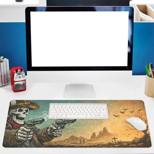 Skeleton Cowboy Gaming Mouse Pad Western Gothic Art Large Desk Mat with Stitched Edges,Non-Slip Waterproof Rubber Base Mouse Mat Office Computer Keyboard Laptop 31.5"x11.8" - color: Skeleton Cowboy