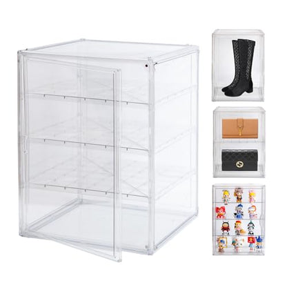 BOHOIDEE 3X-Large 4 Tiers 17.7"X13"X13" Acrylic Display Case with 3 Division Boards, Clear Organizer Box Plastic Holder with Magnetic Door for Handbags, Purses, Boots, Figures, Book - size: 3X-Large