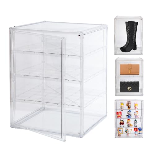 BOHOIDEE 3X-Large 4 Tiers 17.7"X13"X13" Acrylic Display Case with 3 Division Boards, Clear Organizer Box Plastic Holder with Magnetic Door for Handbags, Purses, Boots, Figures, Book - size: 3X-Large