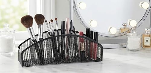 5-Tier Desk Organizer & Pen Holder, Large-Capacity Metal Mesh Pencil Cup, Cute Aesthetic Desktop Caddy for Markers, Art Supplies, Makeup Brushes, Black