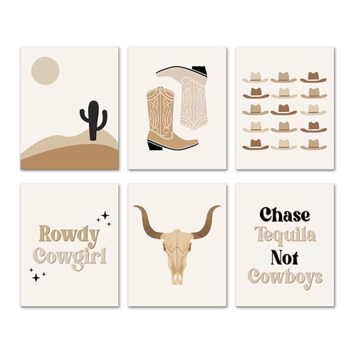 Isfvqyub Preppy Boho Western Country Wall Art, Aesthetic Cowboy Hat Cowgirl Boot Poster For Girl Boy, Trendy Cow Skull Wall Decor For Bedroom Dorm College Apartment, Set Of 6 -A15 - size: Western Country