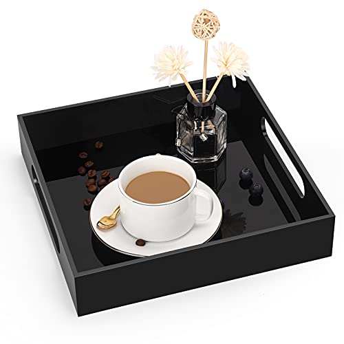 Home Decorative Coffee Table Tray, 10"x10" Elegant Acrylic Serving Trays with Handles Works for Eating, Breakfast, Makeup Drawer Organizer,Bathroom Vanity Table,Ottoman Tray, Black - color: Black