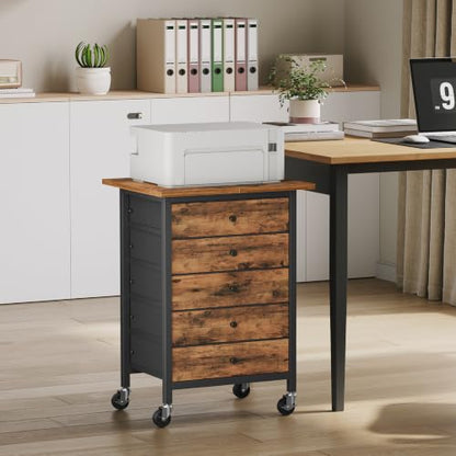 MAHANCRIS 5 Drawer File Cabinet,Rolling Filing Chest Cabinet with Wheels, Under Desk Storage Organizer, Printer Stand with Non-Woven Fabric Drawer, for Home Office, Study, Rustic Brown FCHR4801 - color: Rustic Brown, Black
