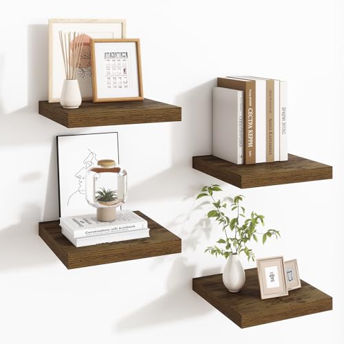 Fun Memories Square Floating Shelves for Wall - 9.3 Inch Deep Floating Shelves with Invisible Brackets, Brown Small Wall Shelf for Living Room, Bathroom, Bedroom, and Kitchen Decor Set of 4 - color: Brown, size: 9.3"W x 9.3"D - 4P