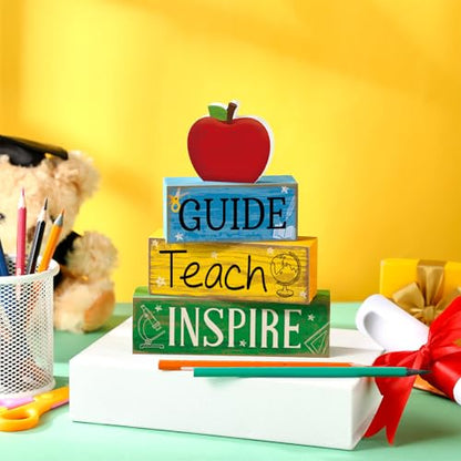 Yuntau 4 Pcs Back to School Gift Wooden Apple Table Decor Teacher Appreciation Gift Apple Tiered Tray Decor Guide Teach Inspire Block Sign First Day of School Gifts for Teachers Office Classroom - style: Apple