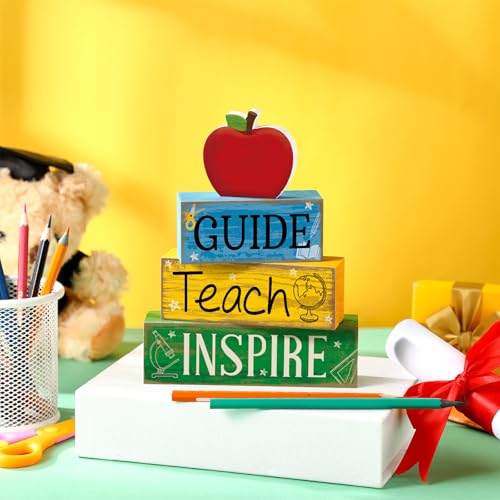 Yuntau 4 Pcs Back to School Gift Wooden Apple Table Decor Teacher Appreciation Gift Apple Tiered Tray Decor Guide Teach Inspire Block Sign First Day of School Gifts for Teachers Office Classroom - style: Apple