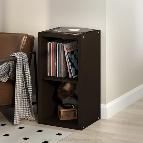 Furinno Cubicle Record Player Stand with Vinyl Storage, 2-Cube 1.2 Extra Thick Vinyl Record Storage, Open Back Media Shelf for CD DVD Blueray Game Disc, for Living Room, Home Office, Black Dark Oak - color: Black Dark Oak, size: Extra Thick, 2-Cube Standa