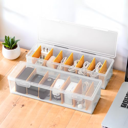 PAVSTINE 2 Pack Clear Cable Organizer Box with Lid, Plastic Charger Cable Cord Storage Organizer, Office Desk Organizers, Multifunctional Accessories Storage for Home Drawer Office, Stackable - color: Clear-2 Pack