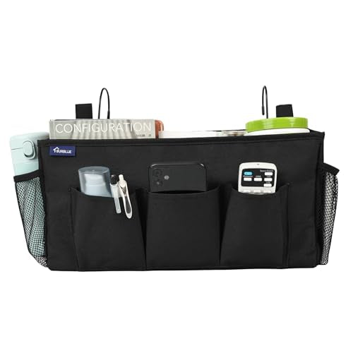 Surblue Bedside Organizer with Hook Bedside Caddy Hanging Storage Bag with Adjustable Straps and Water Bottle Holder for Home College Dorm Bunk Bed Accessories, Crib Bed Rails, Hospital Bed, Black - color: Black
