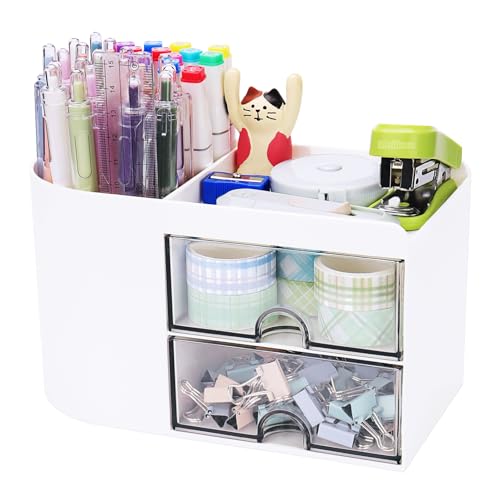 Meiikun Desk Organizer with Drawer, Pen Organizer for Desk, Small Pencil Holder, Desk Organizers and Accessories for Office Home Storage (2 Drawers+4 Compartments, White) - color: 4 Compartments + 2 Drawer (White)