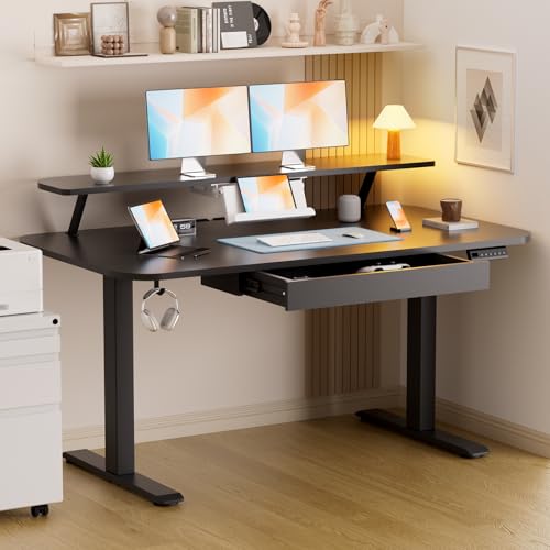GTPLAYER Electric Standing Desk with Drawers, 55 x 24 Inches Height Adjustable Computer Desk with Monitor Stand, Laptop Stand, Sit Stand up Desk with Memory Preset for Home, Office, Black - color: Black, size: 55 x 24 Inches