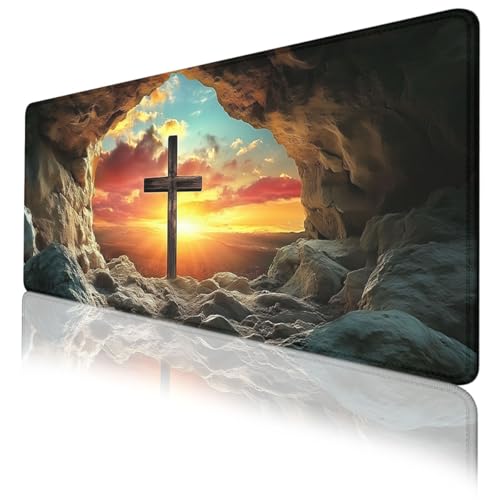 Jesus Cross Hole Mouse Pad Easter Christ Resurrection Faith Large Gaming Mouse Mat with Stitched Edges,Non-Slip Waterproof Rubber Base Mous Mat 31.5x11.8 in - color: Jesus Cross Hole, size: 31.5L x 11.8W inches