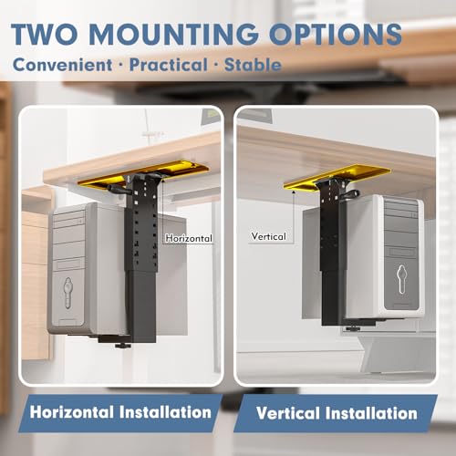 Under Desk PC Mount with Sliding Rail, 55 lbs Load Capacity, Height and Width Adjustable CPU Holder with 360° Swivel, Computer Case CPU Machine Holder Stand with Swivel and Secure Locking
