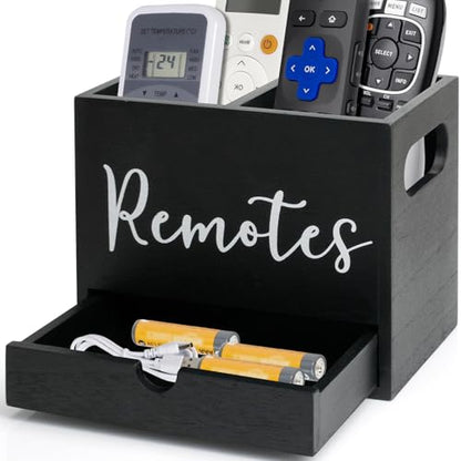 Remote Control Holder, Wooden TV Controller Holder, Desk Organizer with 2 Compartment and Drawers for TV & Office Supplies, Ideal for Tabletop (Black) - color: Black