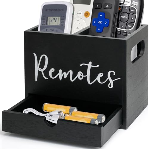 Remote Control Holder, Wooden TV Controller Holder, Desk Organizer with 2 Compartment and Drawers for TV & Office Supplies, Ideal for Tabletop (Black) - color: Black