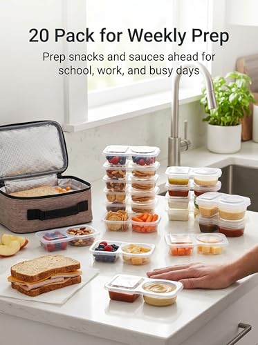 20-Pack 2 Compartment Snack Containers with Secure-Fit Lids, Reusable BPA-Free Snack Prep Boxes, Portion Control Food Storage Containers for Lunch, Meal Prep, Office, Picnic & Travel (20)