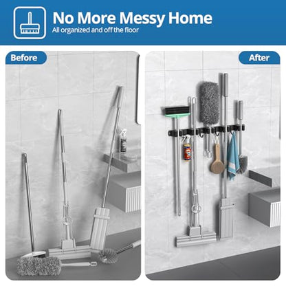 2 Pack Mop and Broom Holder Wall Mount, 5 Racks and 4 Hooks Broom Organizer Storage Garage Tool Racks Wall Mounted Mop Hanger for Home Kitchen Garden Laundry (Black)