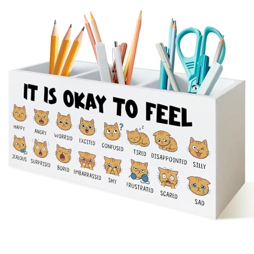 Mental Health Cat Feelings Chart Pen Holder for Desk, Kids SEL Emotions Chart Educational Wooden Box Sign Desk Storage Organizer for Classroom Counselor Therapy Office Calming Corner - color: Cat Feelings