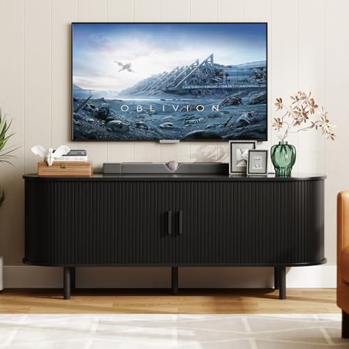 ONBRILL 55" TV Stand with Power Outlet for TVs up to 60 Inch, Entertainment Center with Storage and Adjustable Shelves, Modern Media Console with Sliding Doors for Living Room, Black - color: Black, size: 55 Inch