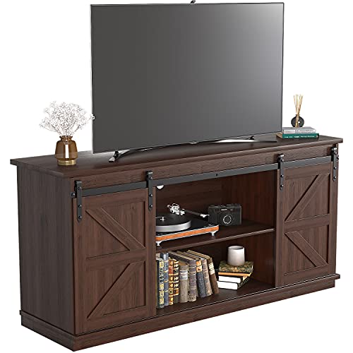 JUMMICO TV Stand for 65 Inch TV, Entertainment Center with Storage Cabinets and Sliding Barn Doors, Mid Century Modern Media TV Console Table for Living Room Bedroom (Brown) - color: Brown, size: Modern