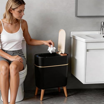 suyika Automatic Trash Can, 2.6 Gallon/10L Bathroom Trash Can with Lid - Wood Grain Lid and Legs, Touchless Waterproof Garbage Bin for Bedroom, Bathroom, Office, Living Room - color: Black