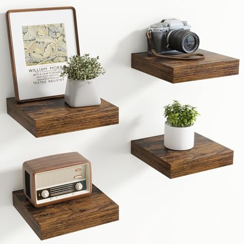 Axeman Square Floating Shelves for Wall, 8" W x 8" D x 1.4" H Rustic Wooden Wall Shelves, 4 Pack Wall Mounted Floating Shelf with Invisible Brackets for Living Room, Bathroom, Kitchen, Rustic Brown - color: Rustic Brown, size: 8 Inch, Set of 4