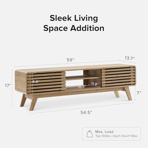 mopio Ensley 59" TV Stand with Slatted Door, Mid Century Modern Entertainment Center for 55/60/65 inch TV, Farmhouse Media Console with Storage, Adjustable Shelves, Round Edges, Living Room (Oak) - color: Oak, size: 59 inch Low