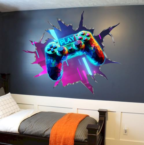 YIMEHDAN Large 3D Game Wall Decals (35.8”x32.4”), Gaming Break Through The Wall Vinyl Wall Stickers for Game Lover, Removable Video Games Artwork for Boys Playroom Bedroom Decor - style: game2